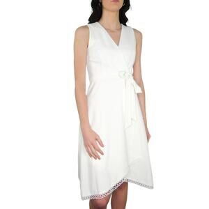 DKNY White Wrap Dress Embroidered Hem Formal Midi Dress Sleeveless Size 8